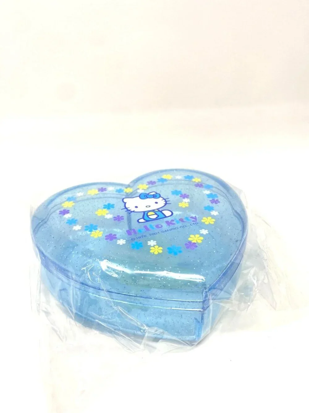 Sanrio Hello Kitty Heart Shaped Gift Box Clear Blue Sparkles Container